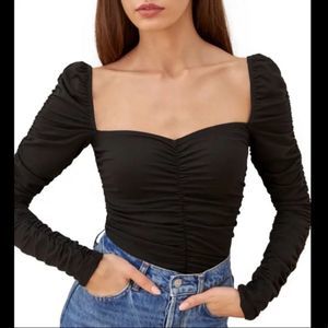 Reformation Esra Queen Anne Ruched Long Sleeve Top in Black | Size S